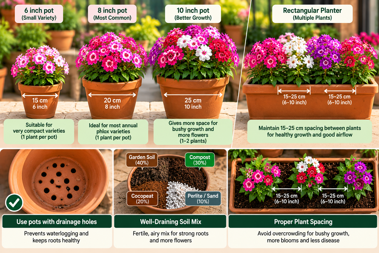 Best pot sizes for growing annual Phlox drummondii flowers at home, comparing 6-inch, 8-inch and 10-inch pots, rectangular planters, drainage and plant spacing