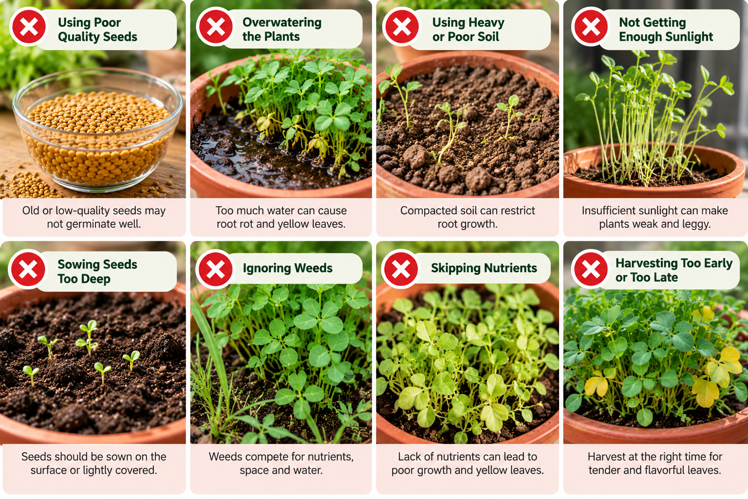 Infographic showing eight common methi growing mistakes, including poor-quality seeds, overwatering, heavy soil, insufficient sunlight, deep sowing, weeds, nutrient deficiency and incorrect harvesting time.