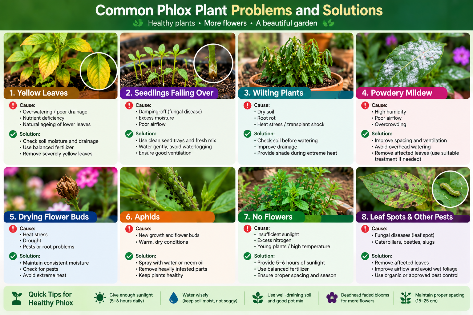 Common annual phlox plant problems including yellow leaves, damping-off seedlings, powdery mildew, wilting, leggy growth, drying flower buds, aphids and poor flowering, with solutions