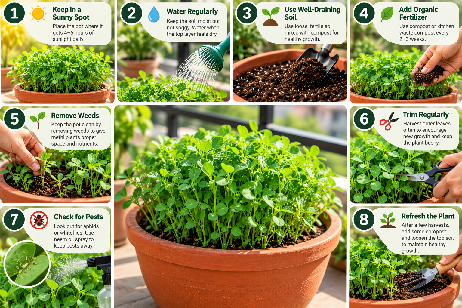 Infographic showing eight methi plant care tips, including sunlight, watering, well-draining soil, compost, weed removal, pruning, pest control and soil maintenance.