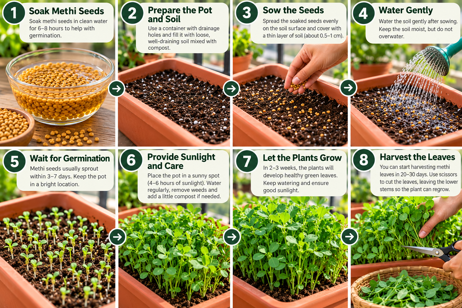 Step-by-step guide to growing methi at home, from soaking fenugreek seeds and sowing them in soil to watering seedlings and harvesting fresh leaves