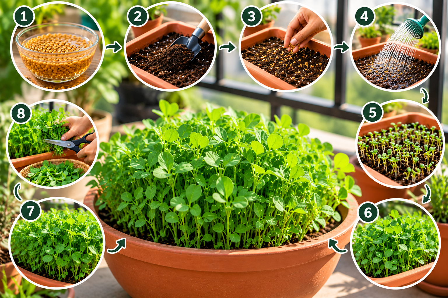 How to grow methi in a pot, showing eight steps from soaking fenugreek seeds and preparing soil to watering, growing seedlings and harvesting fresh methi leaves