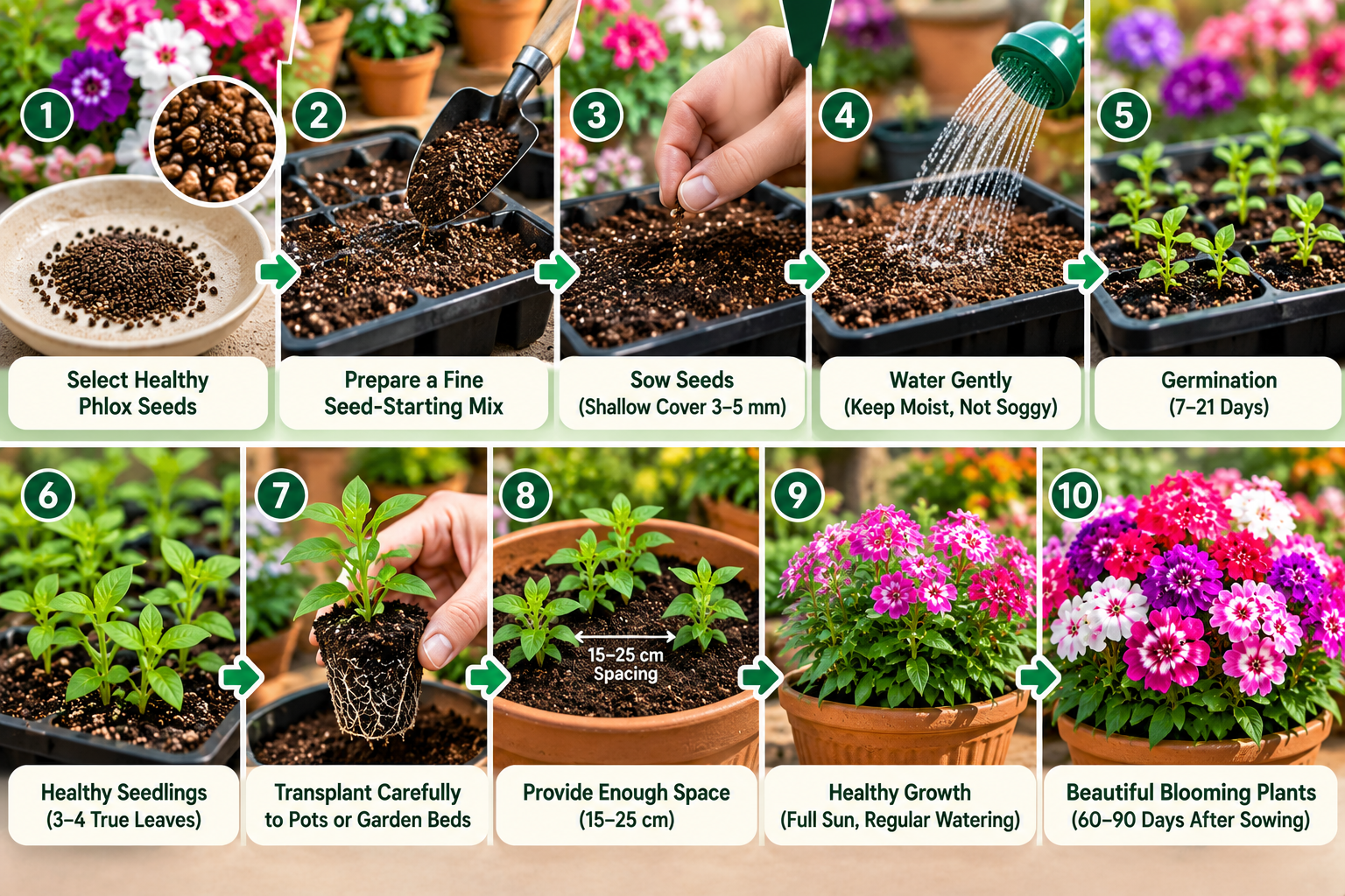 Step-by-step guide to growing annual Phlox drummondii from seeds at home, showing sowing, germination, seedling transplanting, spacing and flowering