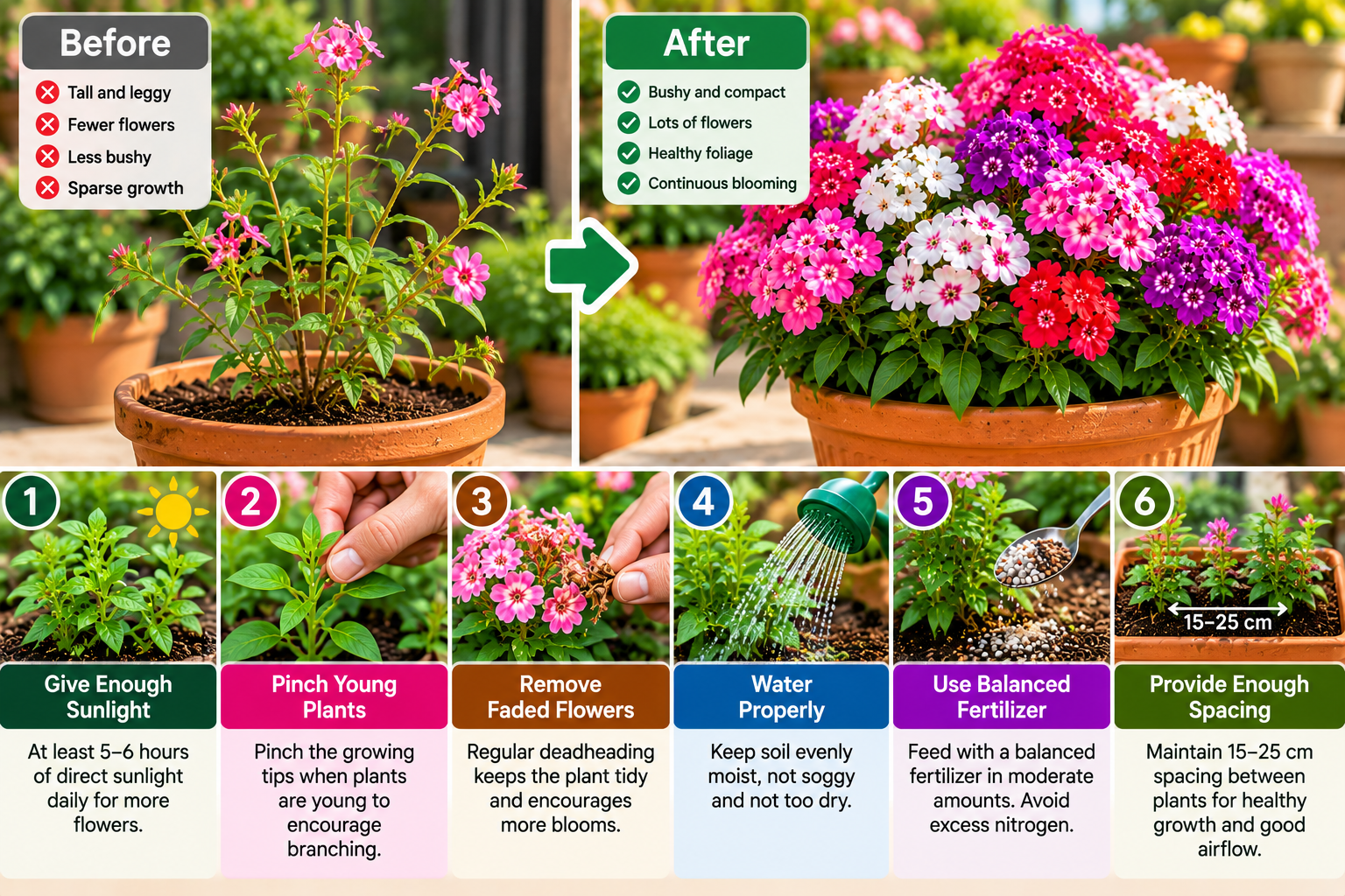 Before and after comparison of annual Phlox drummondii plants showing how sunlight, pinching, deadheading, proper watering, balanced fertilizer and spacing encourage bushy growth and more flowers