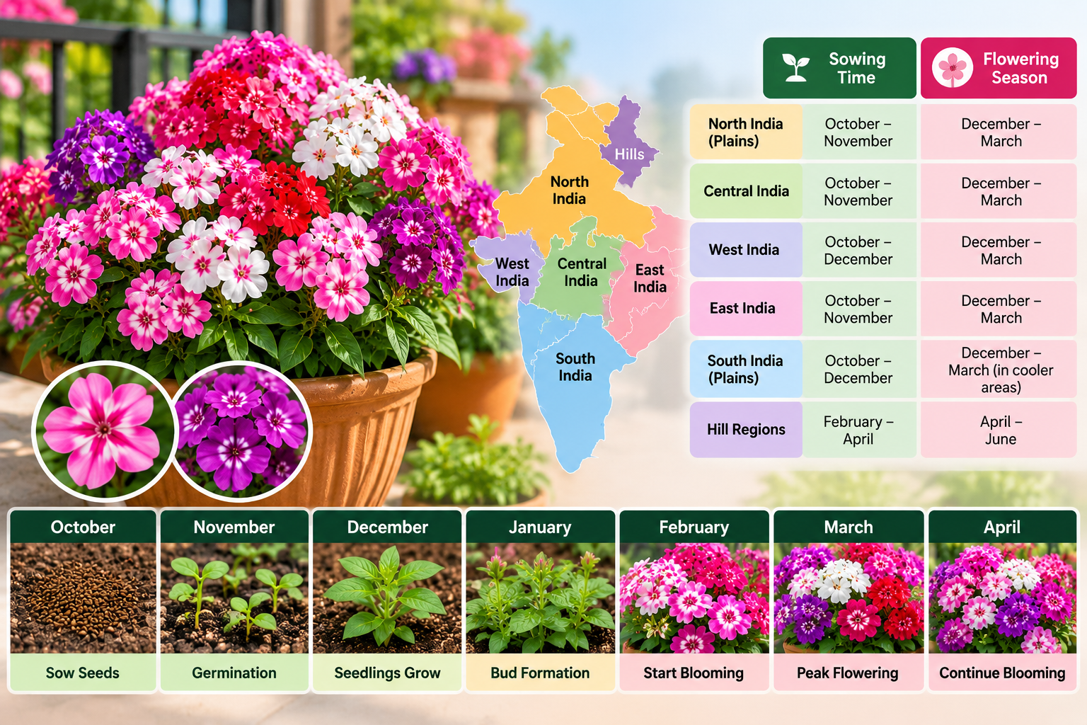 Phlox flower season in India showing region-wise sowing months, flowering periods and annual Phlox drummondii growth stages from seeds to blooms